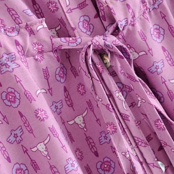 Boho Print Purple Dress Gypsy Western Cactus - Picture 5 of 6